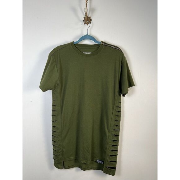 Bleecker Mercer Adult Large Green Short Sleeve Shredded Shirt Crewneck Zipper - Picture 1 of 13